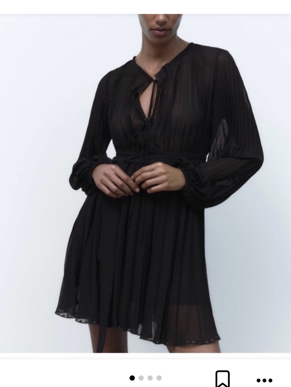 Zara black chiffon pleated mini dress long sleeve size XS